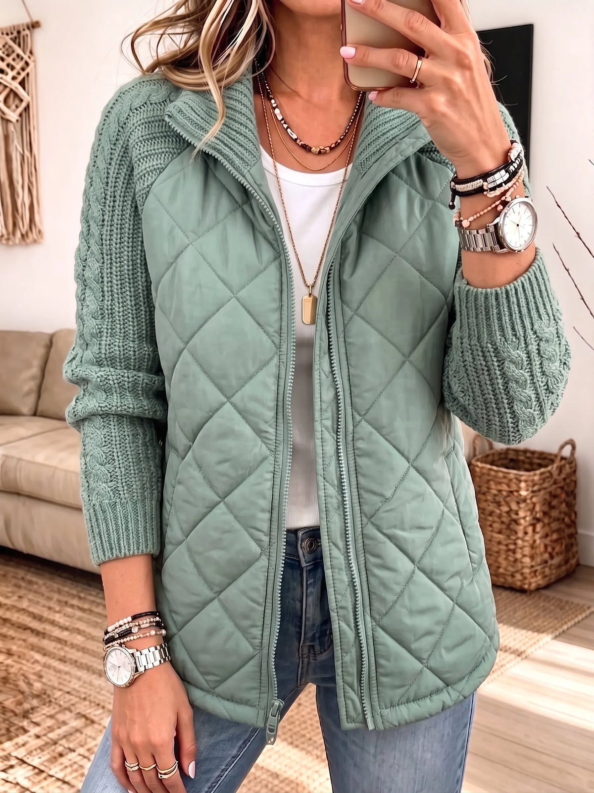 Women Quilted Knit Splice Zip‐Up Jacket, Stand Collar Mixed Media Casual Outerwear With Pockets