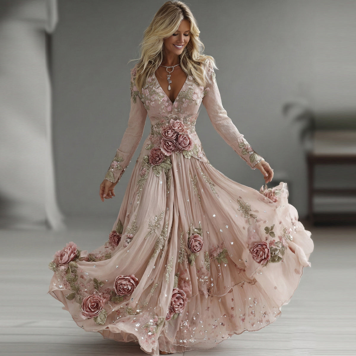 Women's Vintage Boho Floral Lace Sequins Art Flowy Maxi Dress