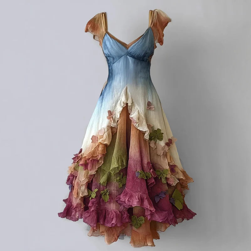 Women's Bohemian Color-blocked Gradient Patchwork Art V-neck Short Sleeve Midi Dress