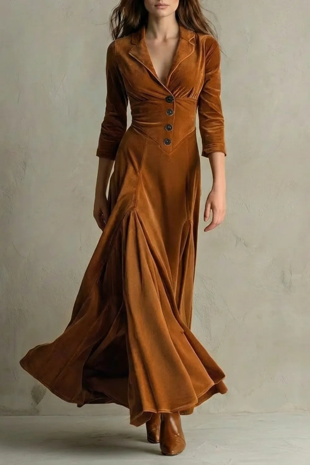 Vintage Velvet Long Dress – Elegant Buttoned Swing Skirt with Lapel Detail