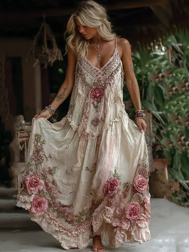 Women's Pink Rose Embroidery Art V-neck Suspender Maxi Dress