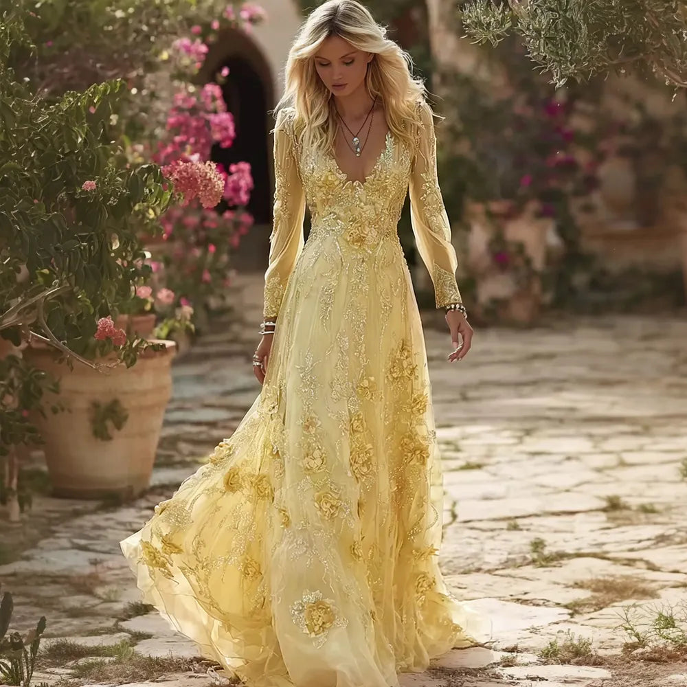 Vintage Boho Roses Embroidered Flowy Linen Maxi Dress