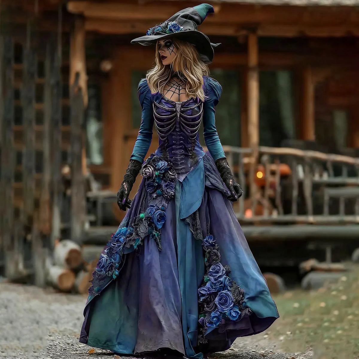 Vintage Witch Skull Rib Cage Rose Pattern Maxi Dress