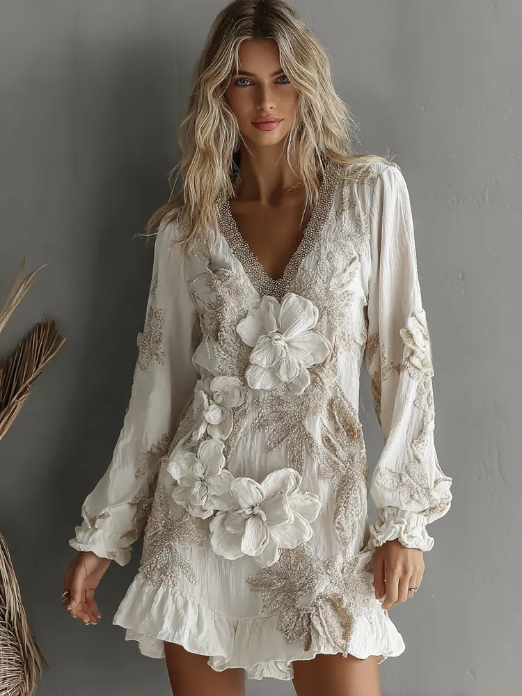 Women's Vintage Boho Floral Linen Art Midi Dress
