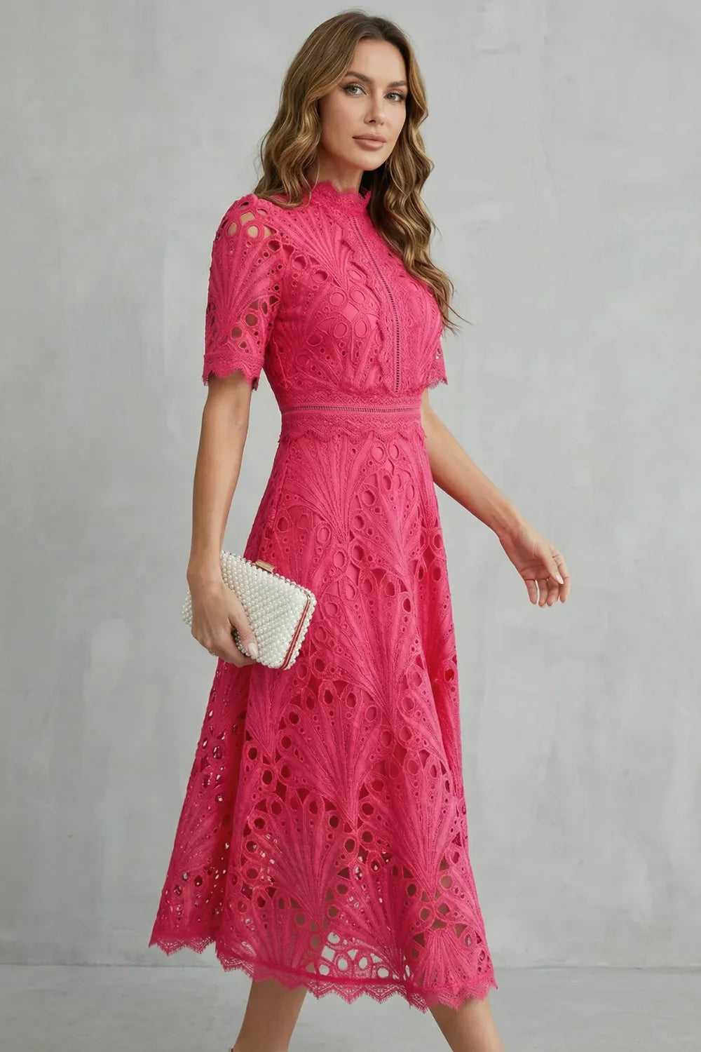 Ornate lace refinement – High-neck midi dress