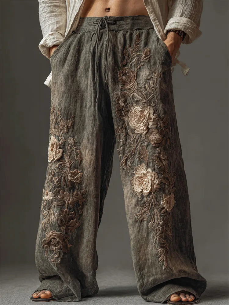 Men's Vintage Flowers Dusty Dyed Wide Leg Linen Pants