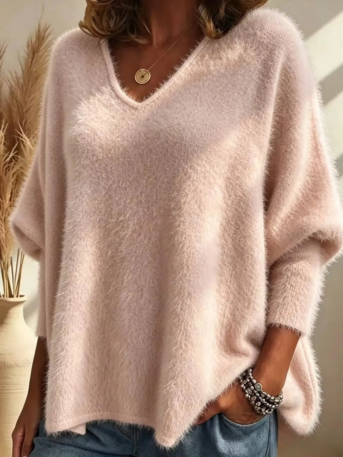 Oversized Fuzzy Mohair‐Style V‐Neck Sweater, Women Batwing Loose Soft Knit Pullover