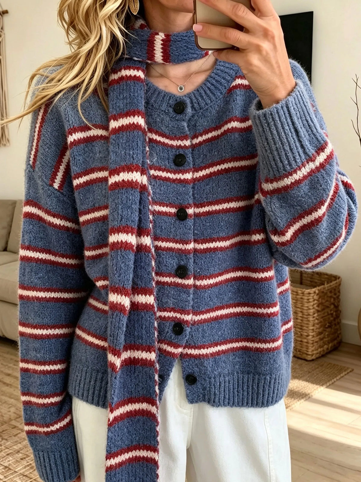 Women Button‐front Loose Striped Knit Cardigan Sweater With Matching Scarf Set,