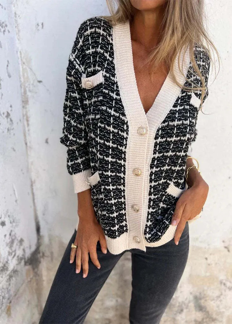 V-neck Single-breasted Plaid Cardigan Jacket