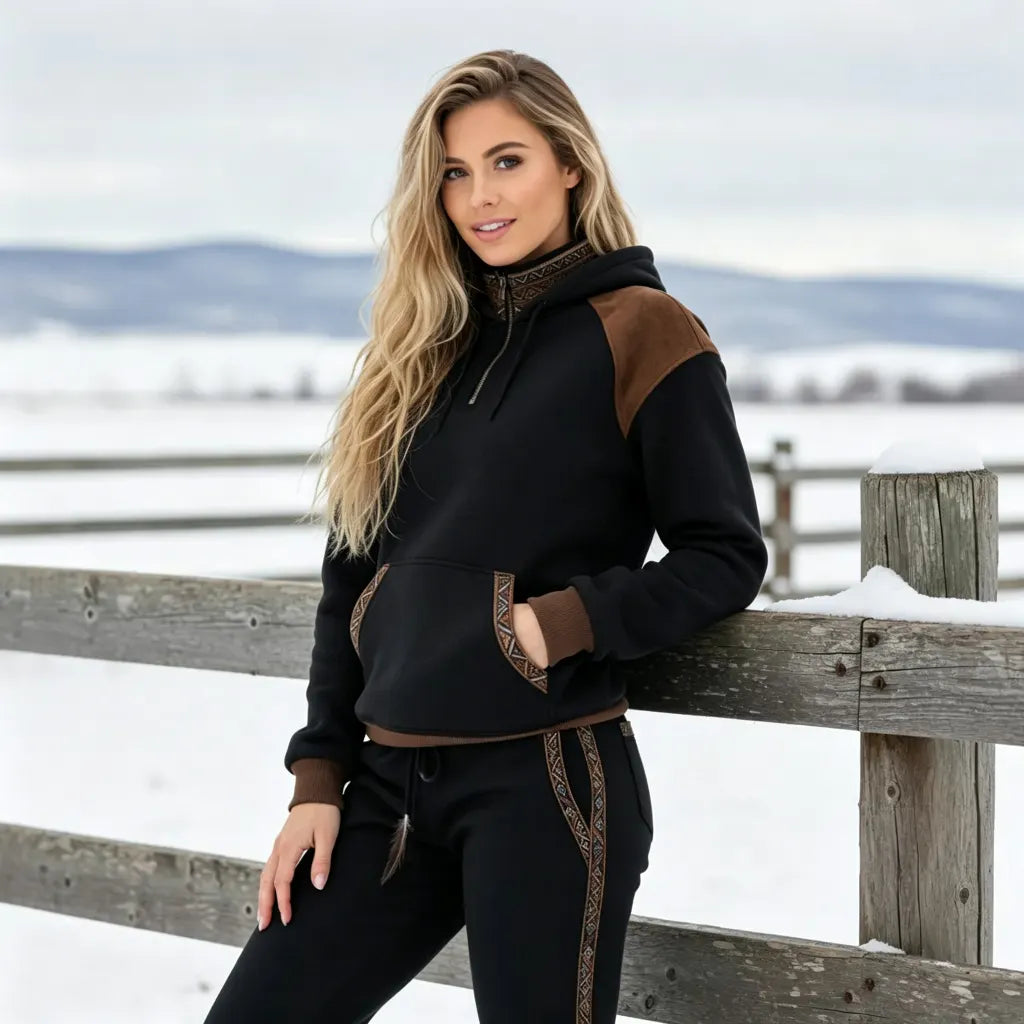 Women's Retro Ethnic Style Half-Zip Stand Collar Sweatshirt And Trousers Set