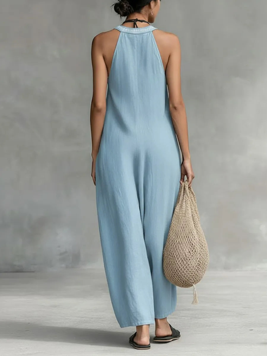 Women's Solid Color V-Neck Halter Neck Sleeveless Casual Loose Cotton Linen Wide-Leg Jumpsuit