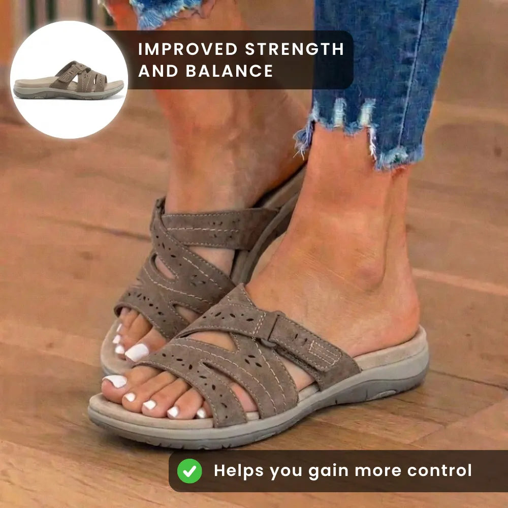 Orthopedic Suede Slide Sandals - Perforated Cutout & Velcro Closure