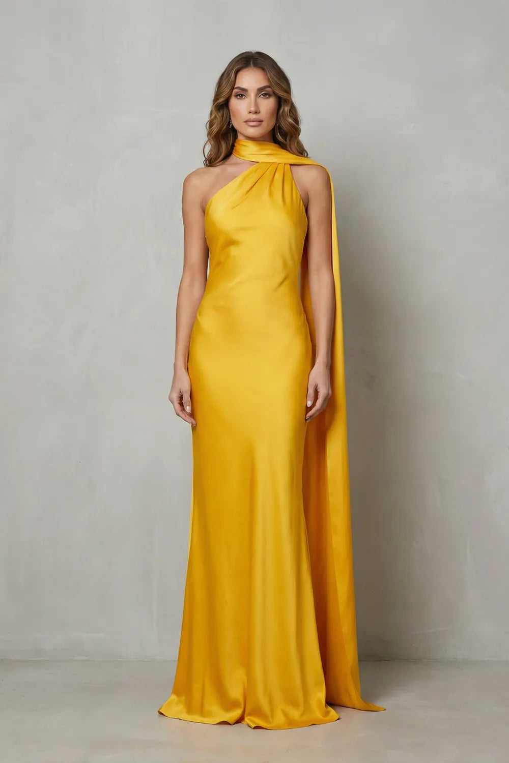 Draped neckline cascade – Satin mermaid gown