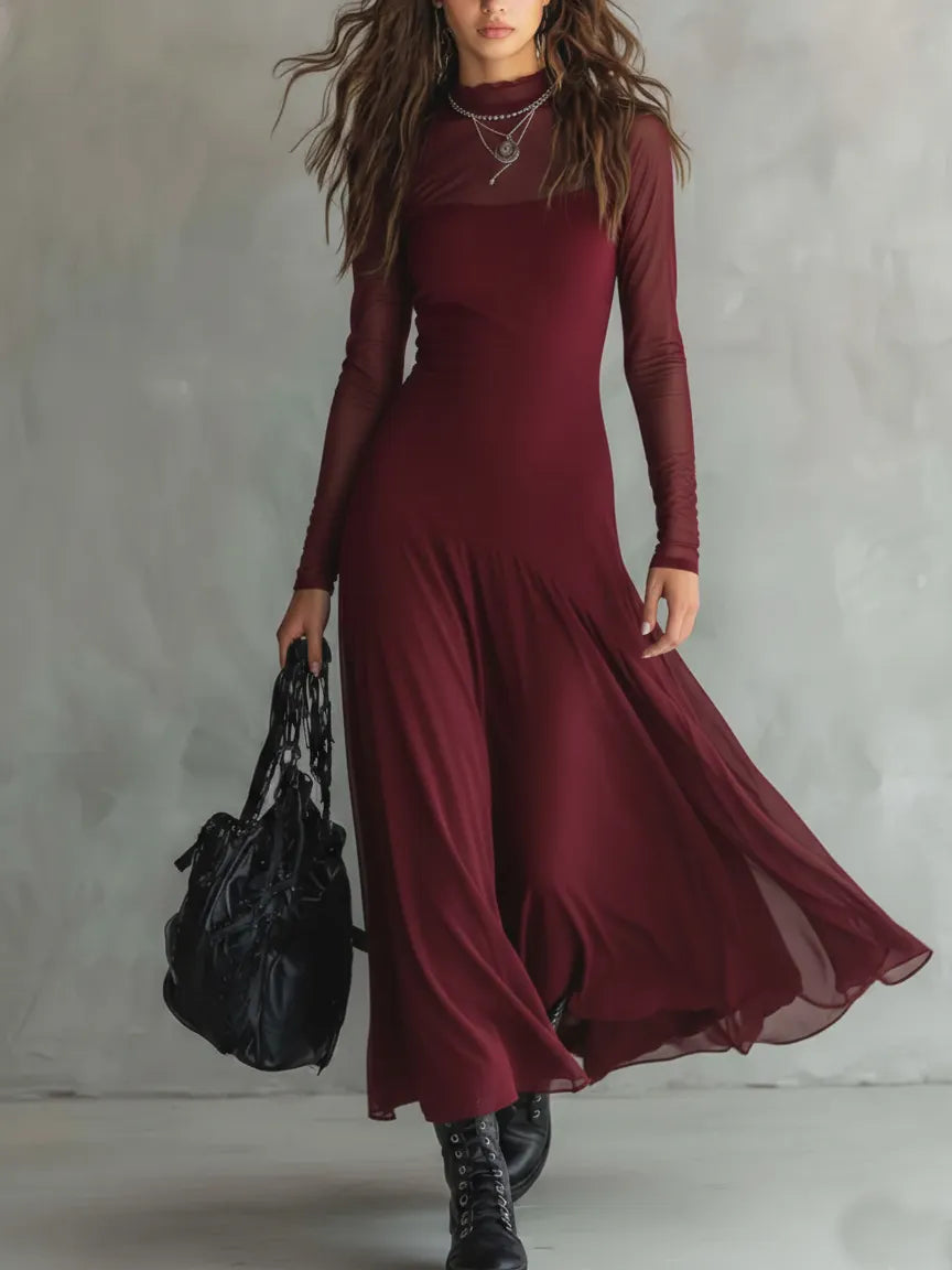 Elegant Mesh Sheer Multi-layered Stretch Maxi Dress