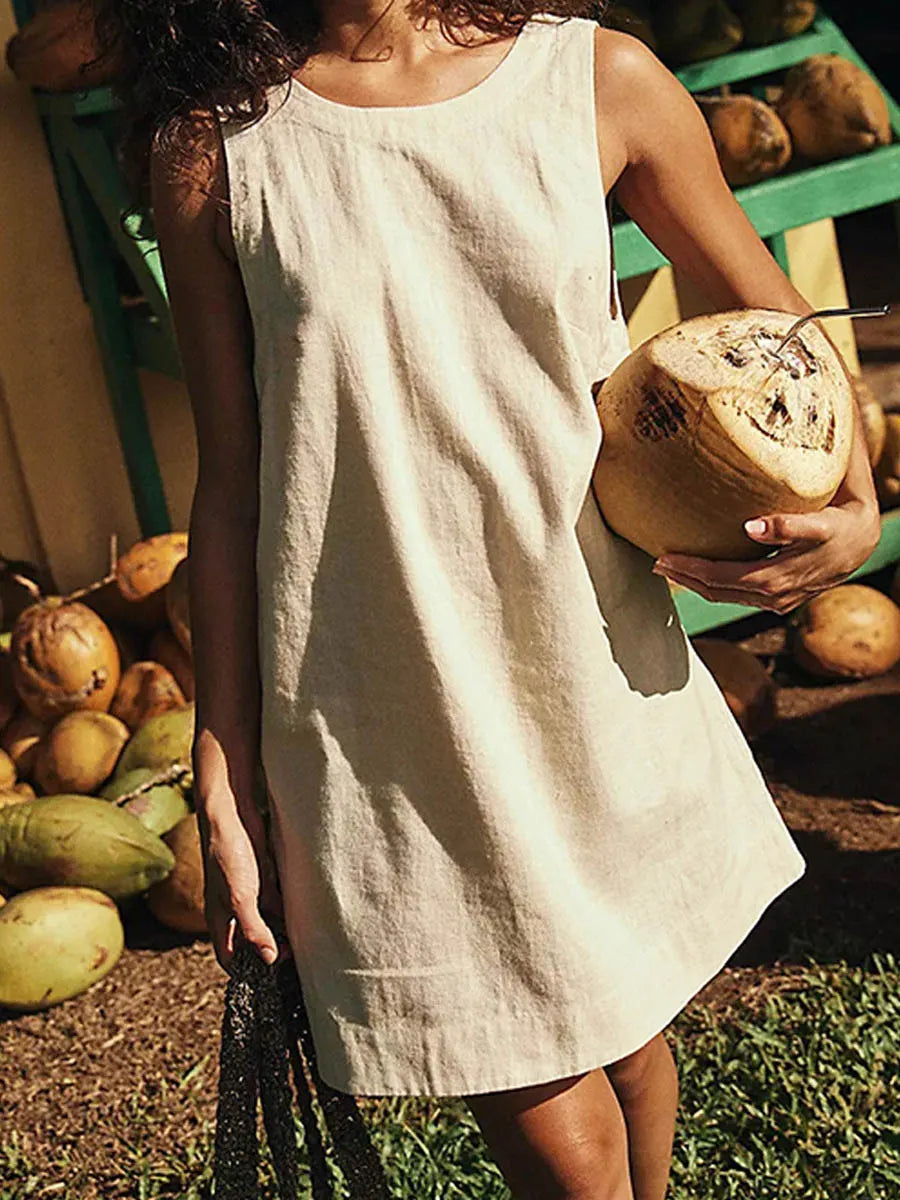 Women's Solid Color Loose Stylish Casual Sleeveless Cotton Dress