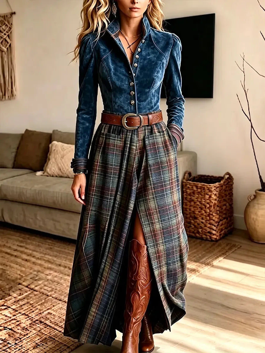Women's Vintage Elegant Suede Patchwork Plaid Print Dress