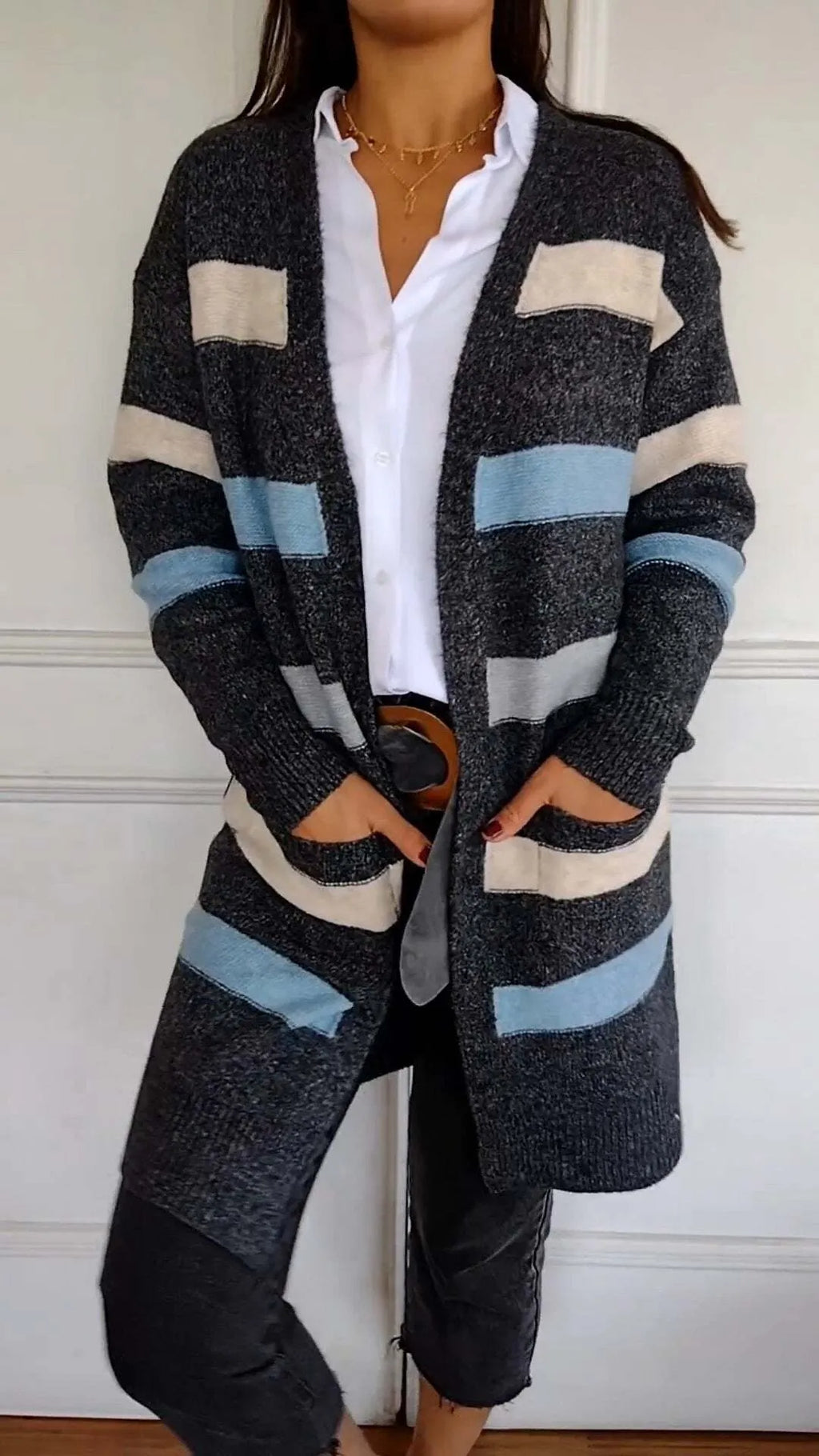 Striped Knitted Long Cardigan