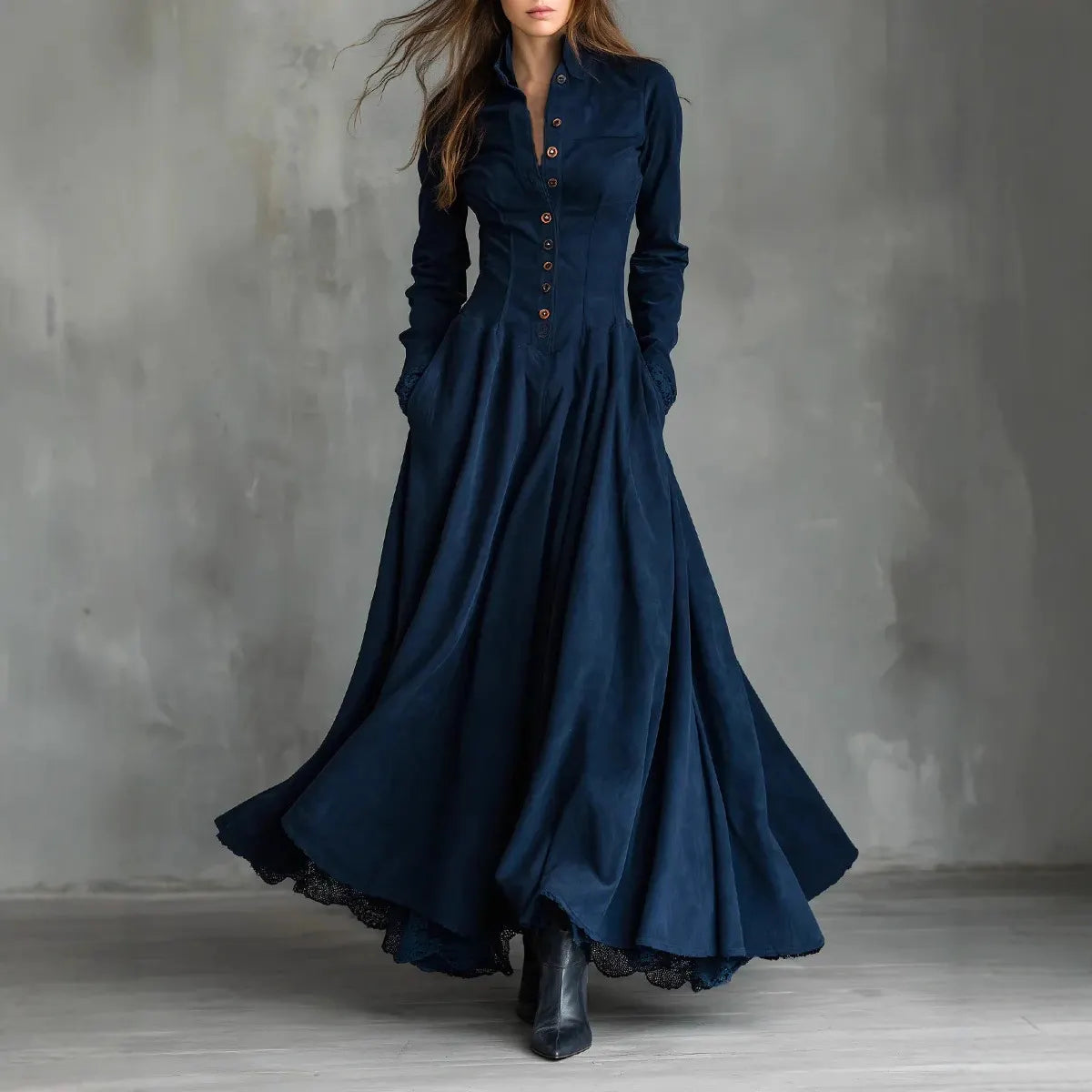 Elegant Navy Blue Long Sleeve Maxi Dress with Button-Down Front and Flared Skirt