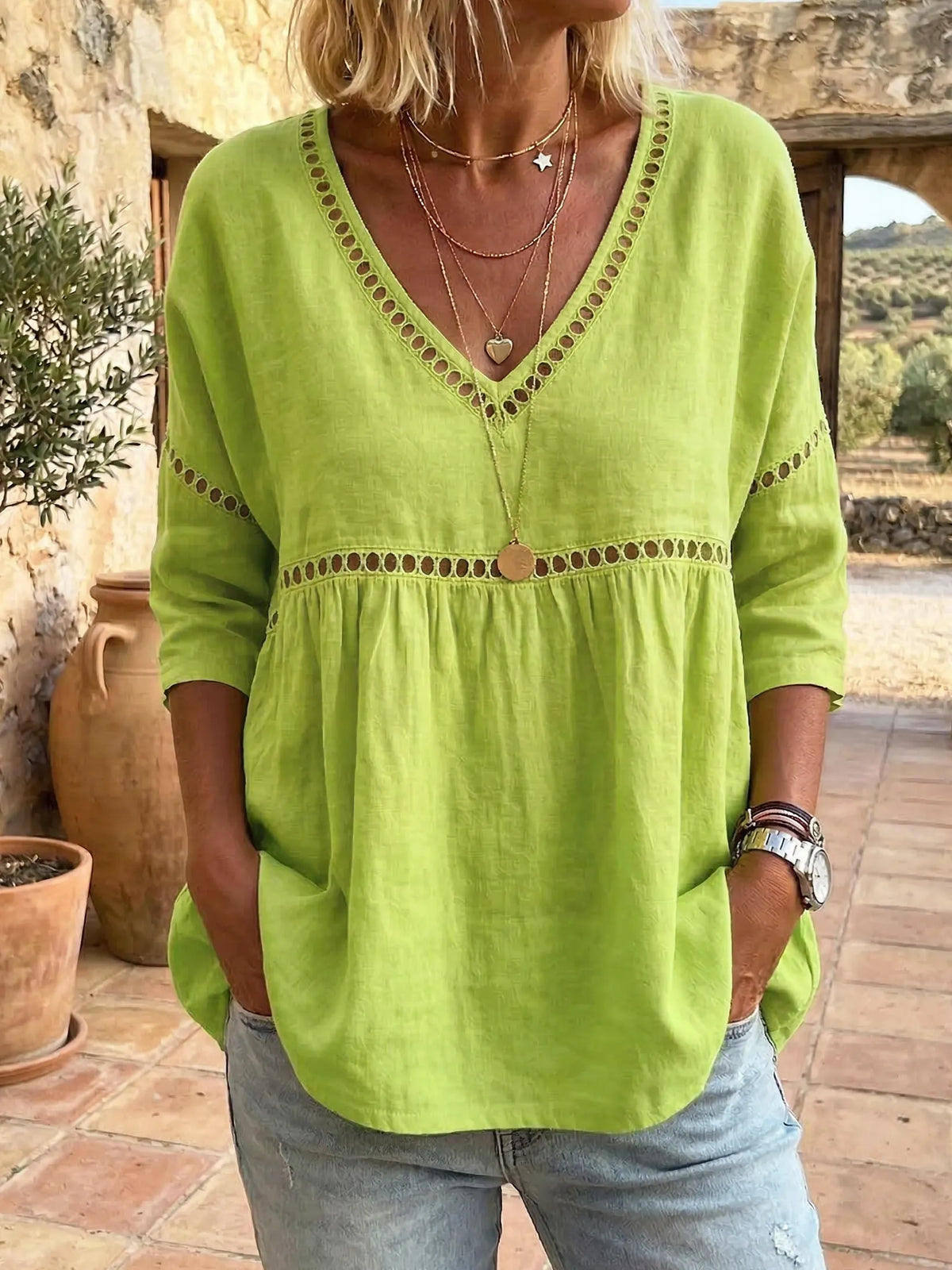 Cozy Hollow-out Patchwork V-neck Linen-cotton Blouse