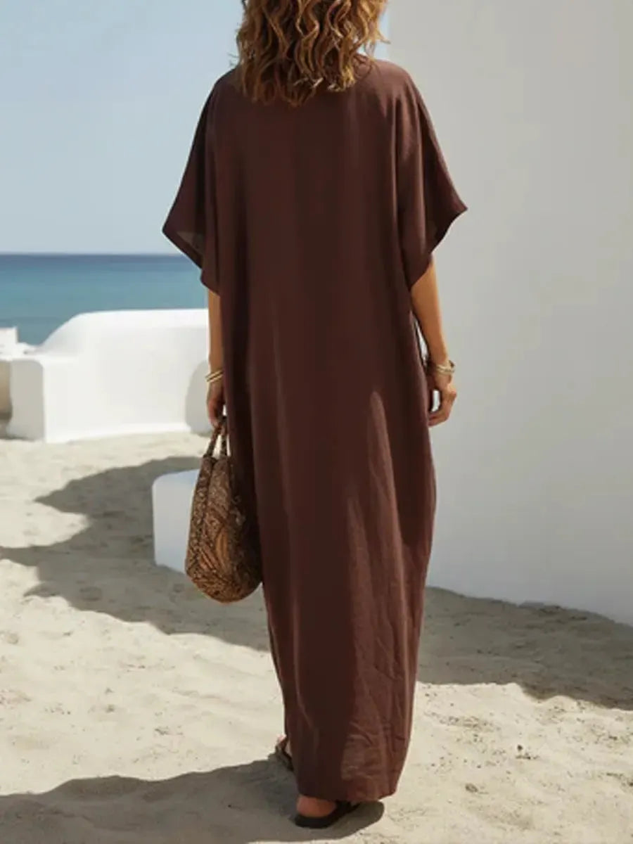 Resort-style V-neck Short-sleeved Loose Maxi Dress