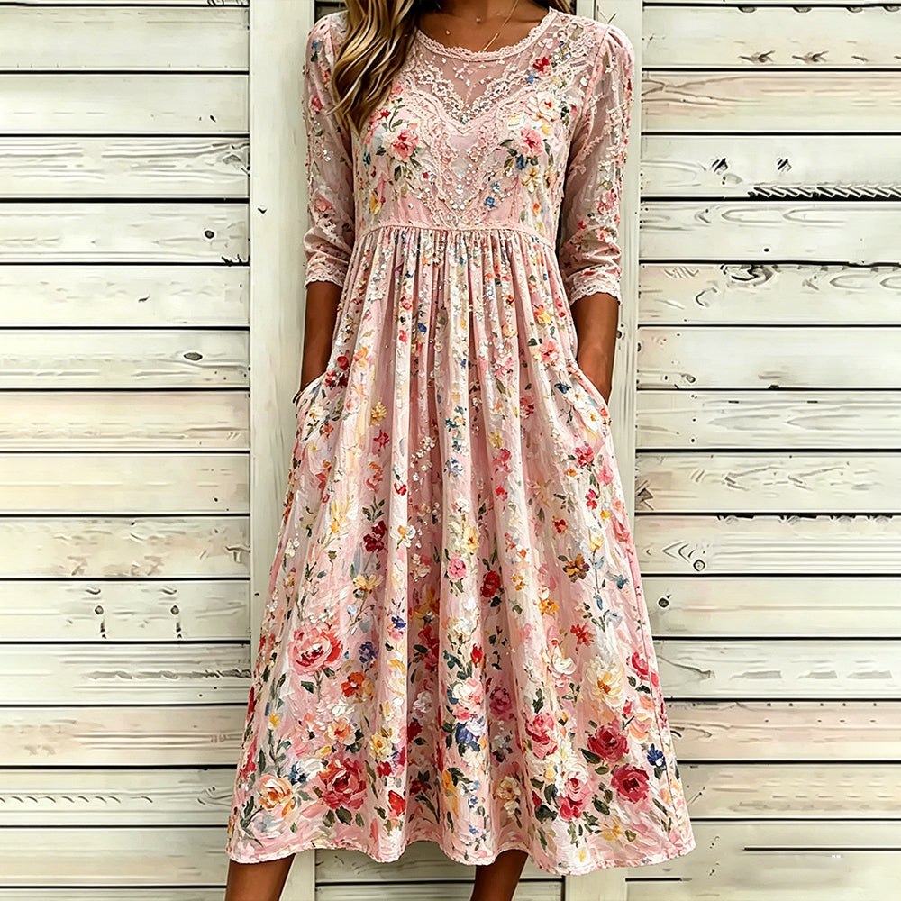 Women's Oil Painting Floral And Lace Art Splicing Cotton Linen Long Sleeve Dress