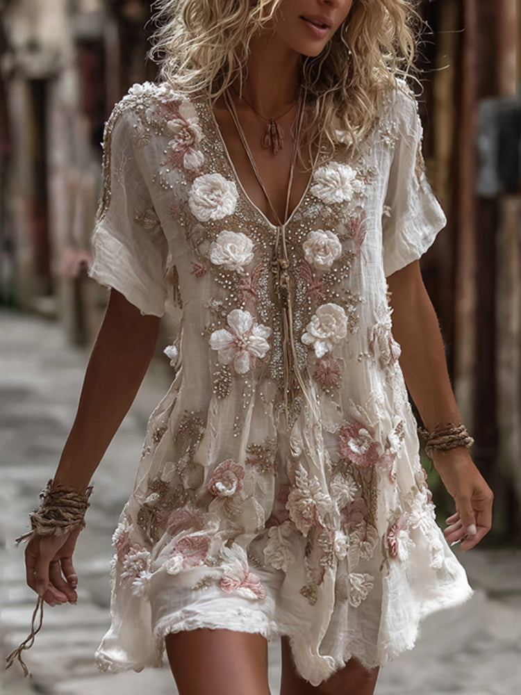 Women's Vintage Romantic White Rose Embroidery Art Comfy Linen Mini Dress