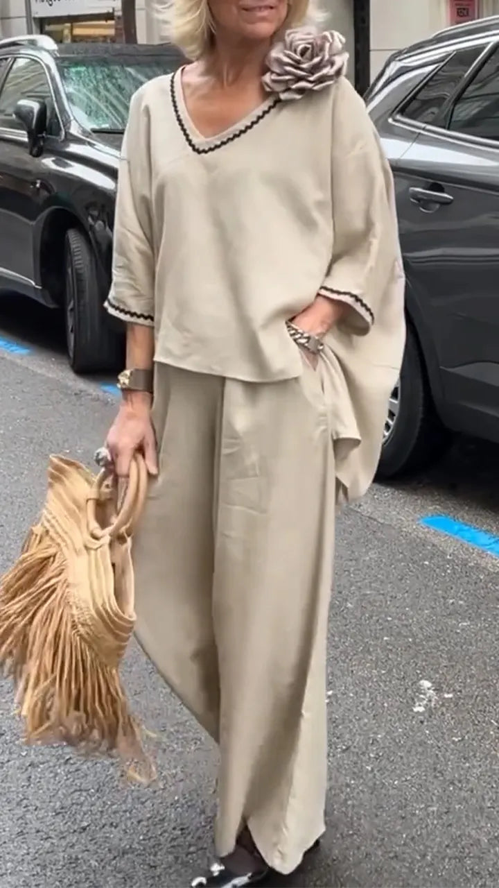 Women V-neck Irregular Top + Pants Loose Casual Suit