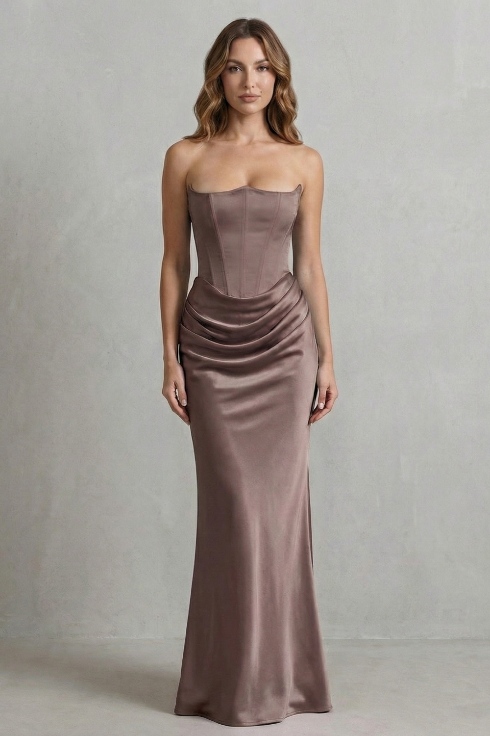 Sculpted satin drape – Strapless corset maxi dress