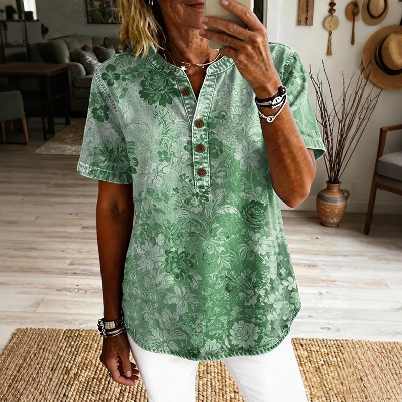 Women's Vintage Floral Art Print Casual Short-sleeve Shirt