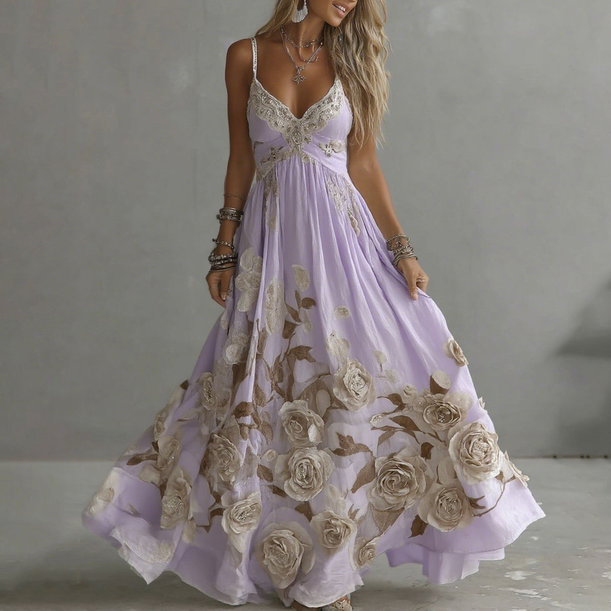 Women's Vintage Rose Embroidery Art V-neck Suspender Maxi Dress
