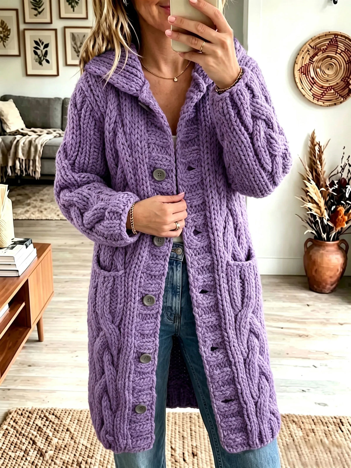 Women Lapel Chunky Cable Knit Cardigan Button‐Front Mid‐Length Sweater Coat