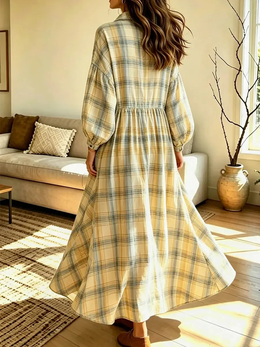 Retro Plaid Pattern Art Casual Stylish Long Sleeve Cotton Linen Maxi Dress