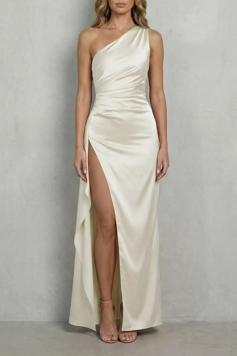 Liquid satin drape – One-shoulder evening gown