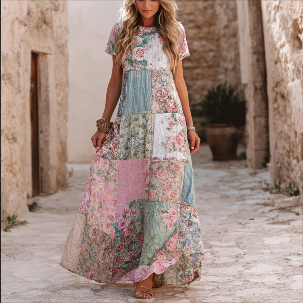 Women's Rose Art Embroidery Color Block Splicing Comfortable Cotton Linen Round Neck Short Sleeve Vacation Dress