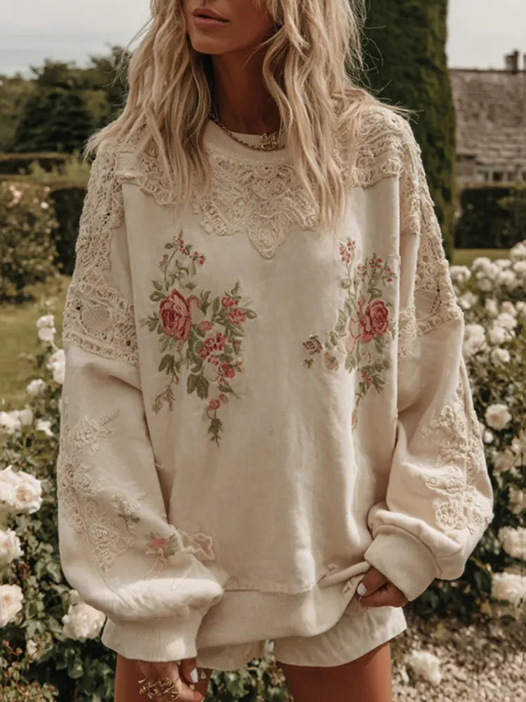 Vintage Rose Floral Embroidery Art Long Sleeve Sweatshirt