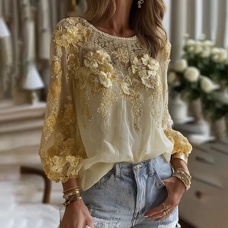 Women's Classic Bohemian Yellow Floral And Gold Roses Embroidery Art  Linen Blend Round Neck T-shirt