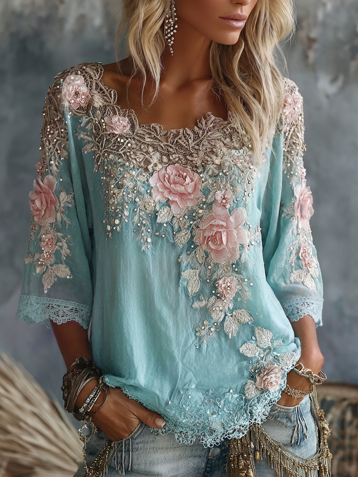 Women's Vintage Rose Flower Art V Neck Linen T-shirt