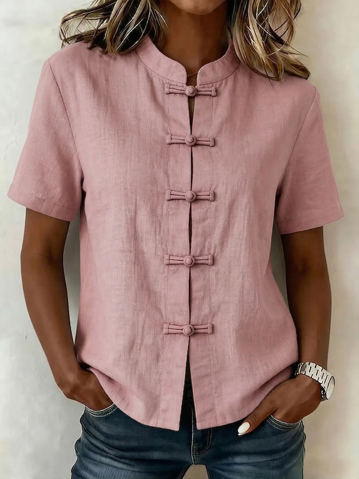 Casual Stand-up Collar Frog Buttons Cotton Linen Shirt