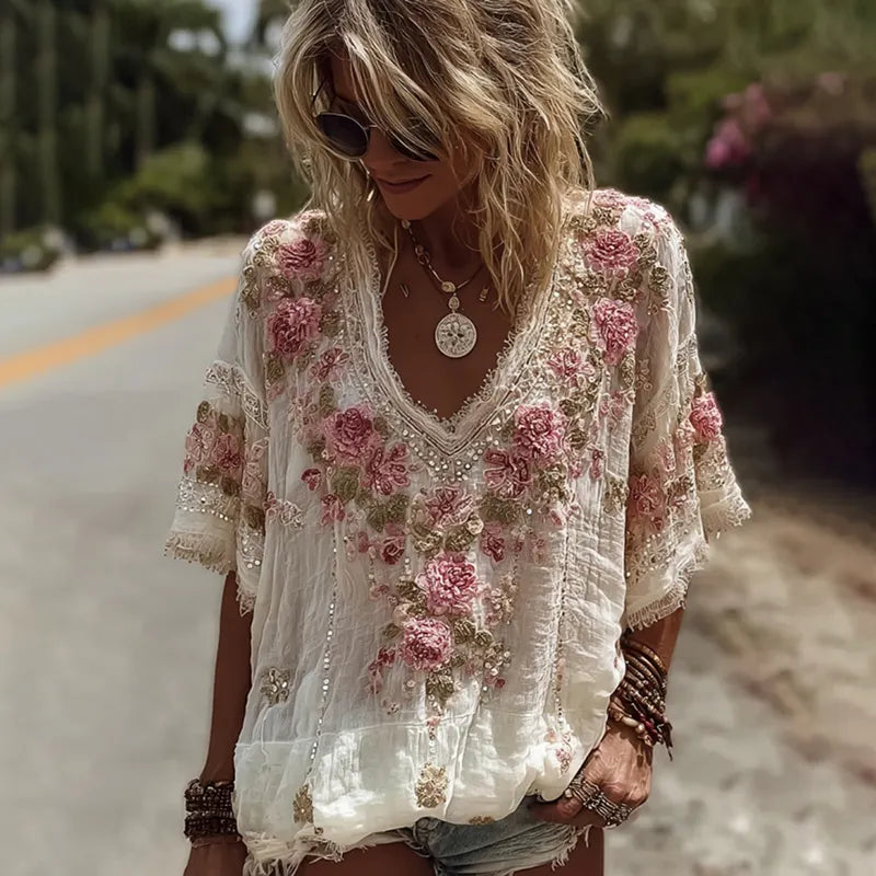 Vintage Pink Rose Embroidery Linen Short Sleeve T-shirt