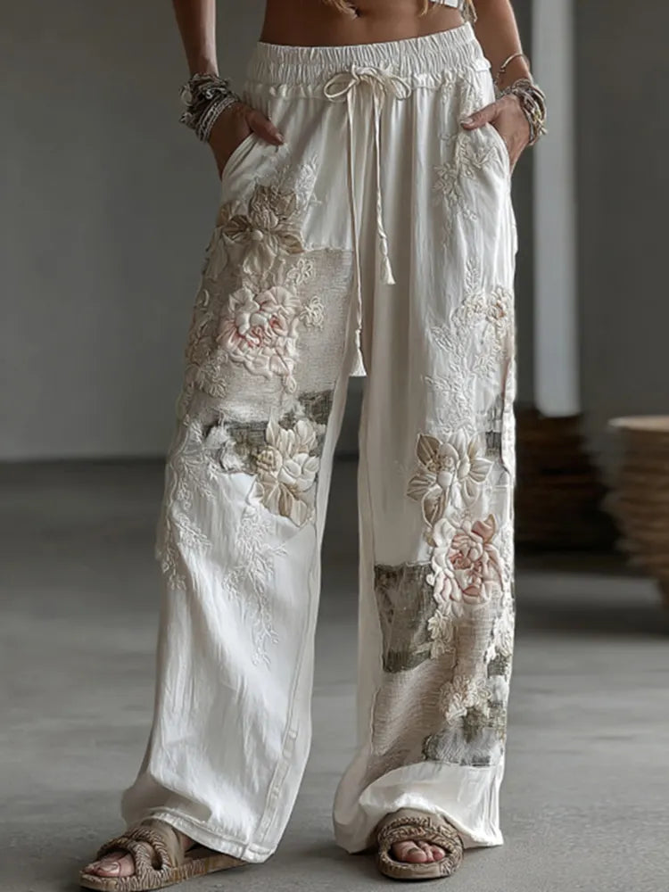 Women's Retro Floral Patchwork Art Casual Linen Pants