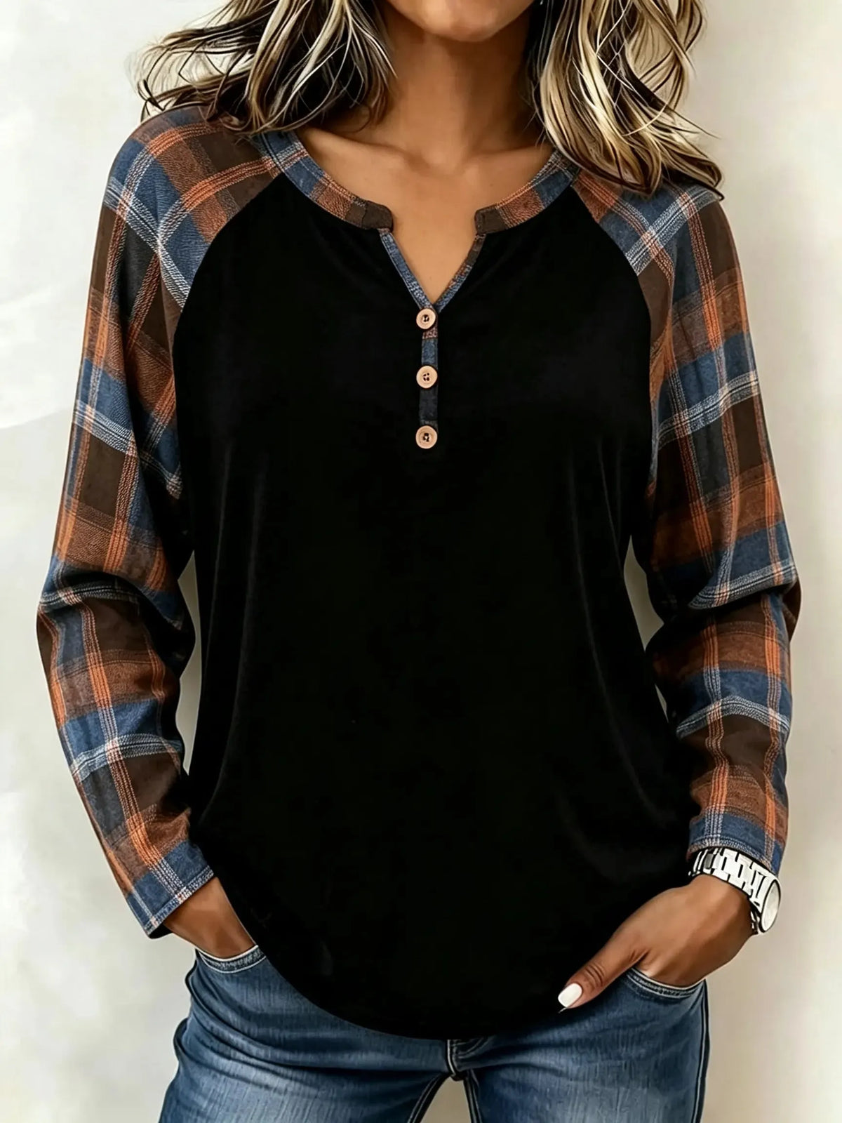 Women's Plaid Patchwork Henley Long Sleeve Top