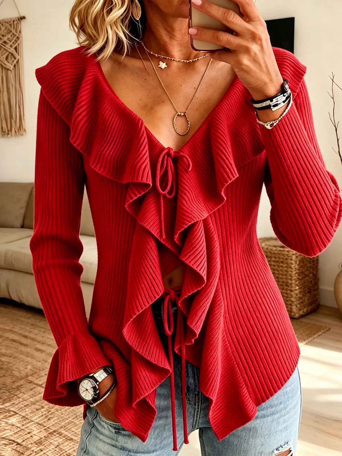 Women Flared Long Sleeve Tie‐front Ruffle V‐neck Knit Top Ribbed Sweater Blouse