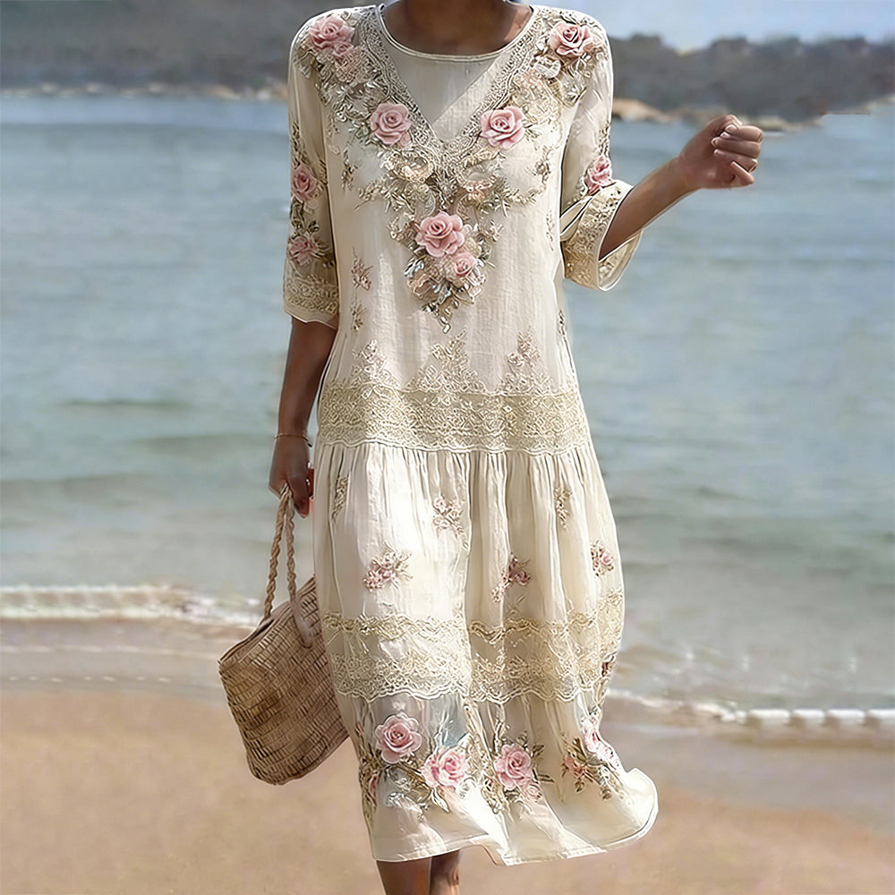 Women's Vintage Pink Flower Embroidery Art Midi Dress