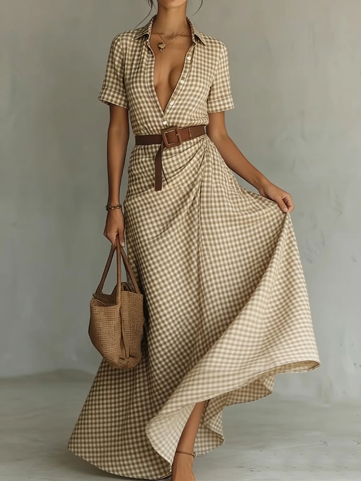 Retro Plaid Print Button Maxi Dress