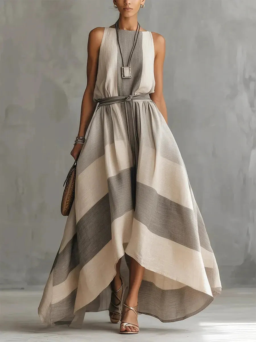 Women's Retro Striped Art Casual Stylish Cotton Linen Maxi Dress