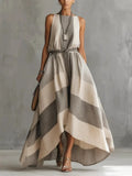 Women's Retro Striped Art Casual Stylish Cotton Linen Maxi Dress