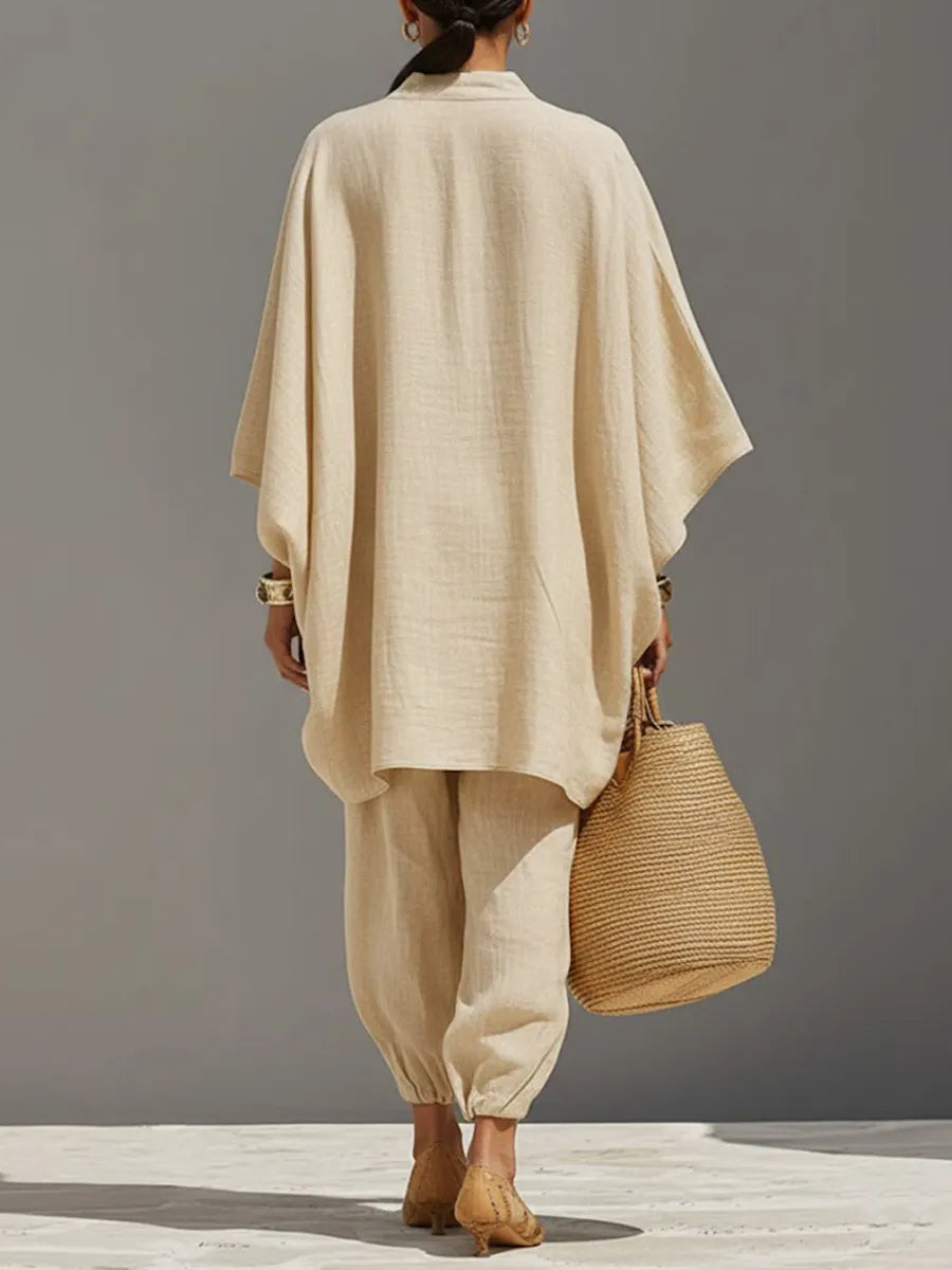 Women's Solid Color V-neck Long Sleeve Casual Loose Cotton Linen Top With Elastic Waist And Wide-leg Pants Set