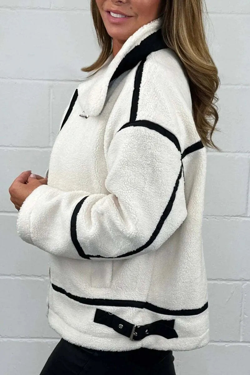 Women's Black Trim Teddy Aviator Jacket