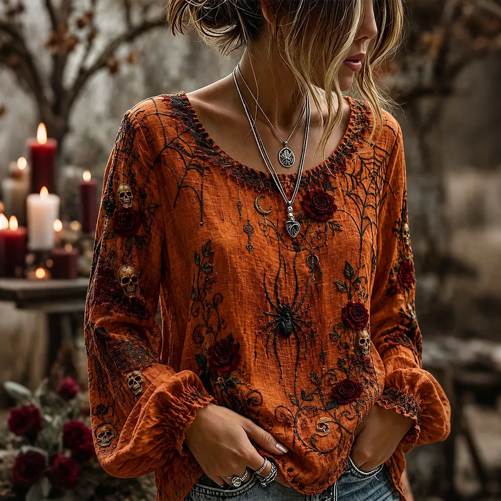 Women's Skull Rose Spiderweb Design Round Neck Cotton Linen Long Sleeve T-shirt