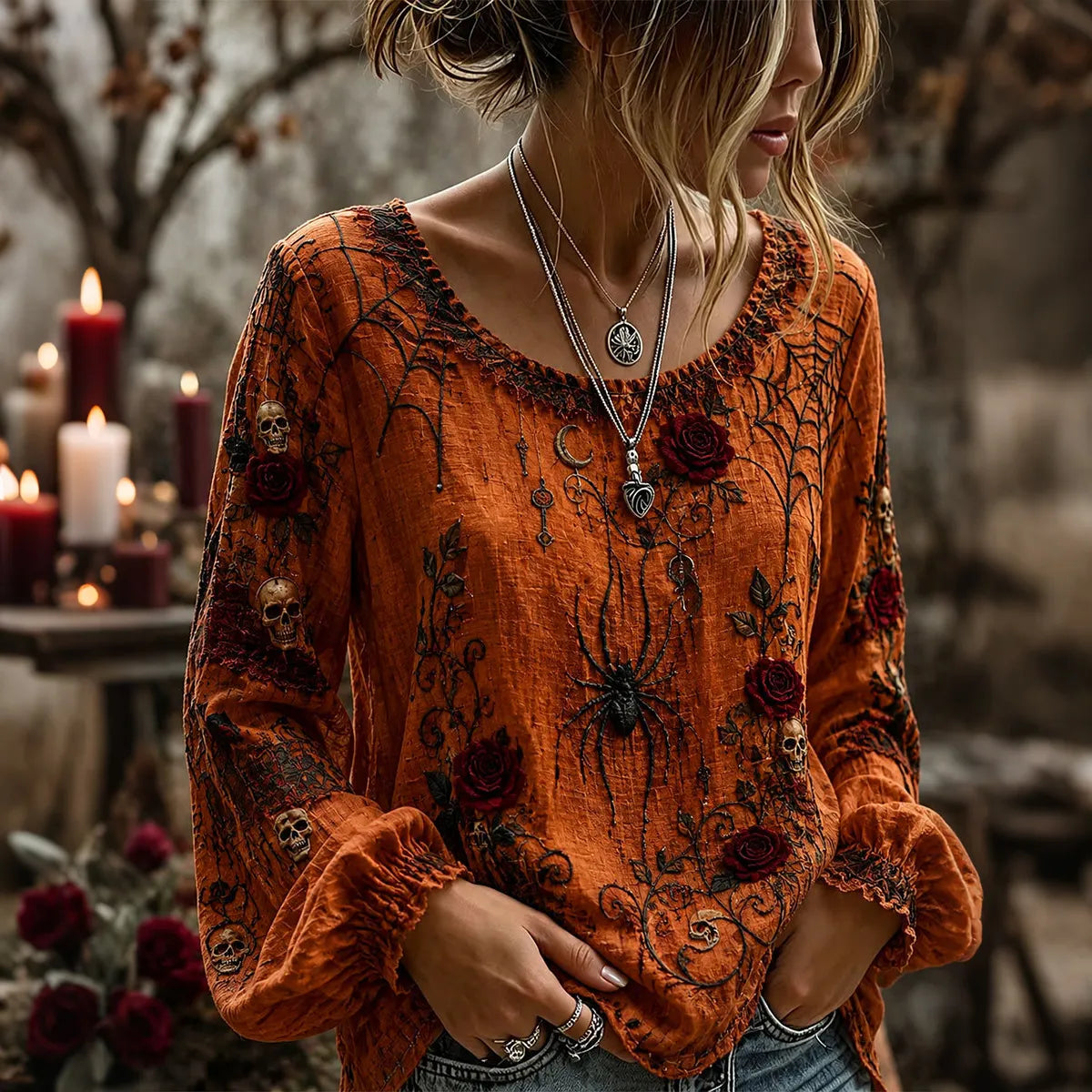 Women's Skull Rose Spiderweb Design Round Neck Cotton Linen Long Sleeve T-shirt